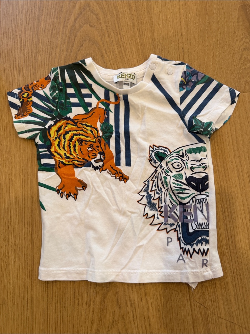 Kenzo Kids White Tee with Multicolor Tiger Graphics